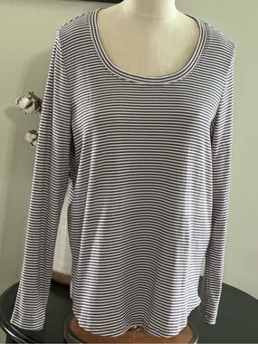 LOFT Light Blue and White Striped Scoop Neck Long-Sleeve Top -L